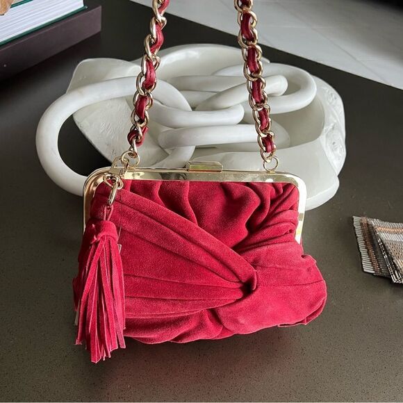 ADRIENNE VITTADINI Red Burgundy Suede Knotted Tassel Shoulder Bag. - Picture 1 of 10